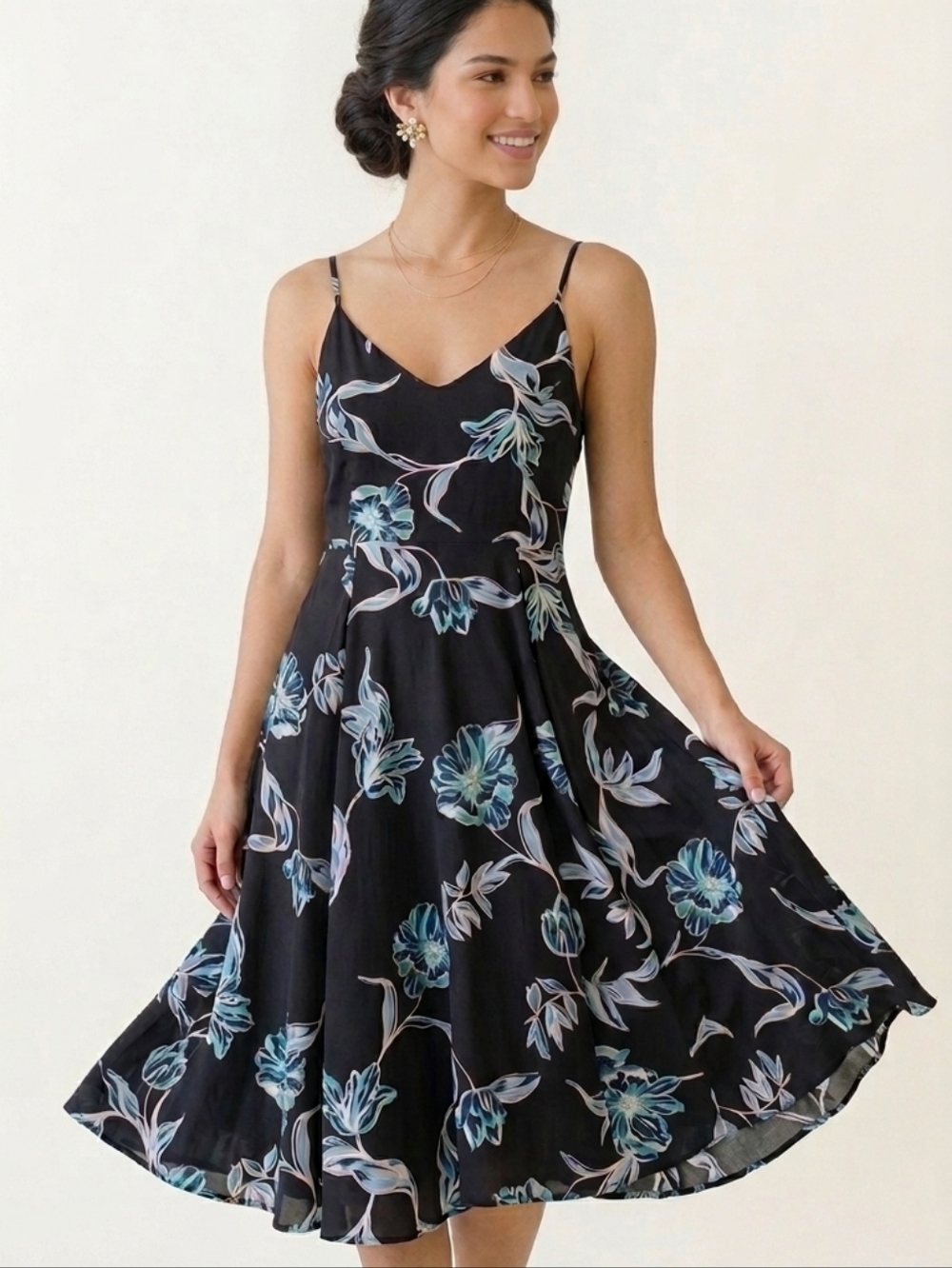 Yumi Kim Silk Dress - Floral A-Line Spaghetti Strap - Size M - Black/Blue/Teal
